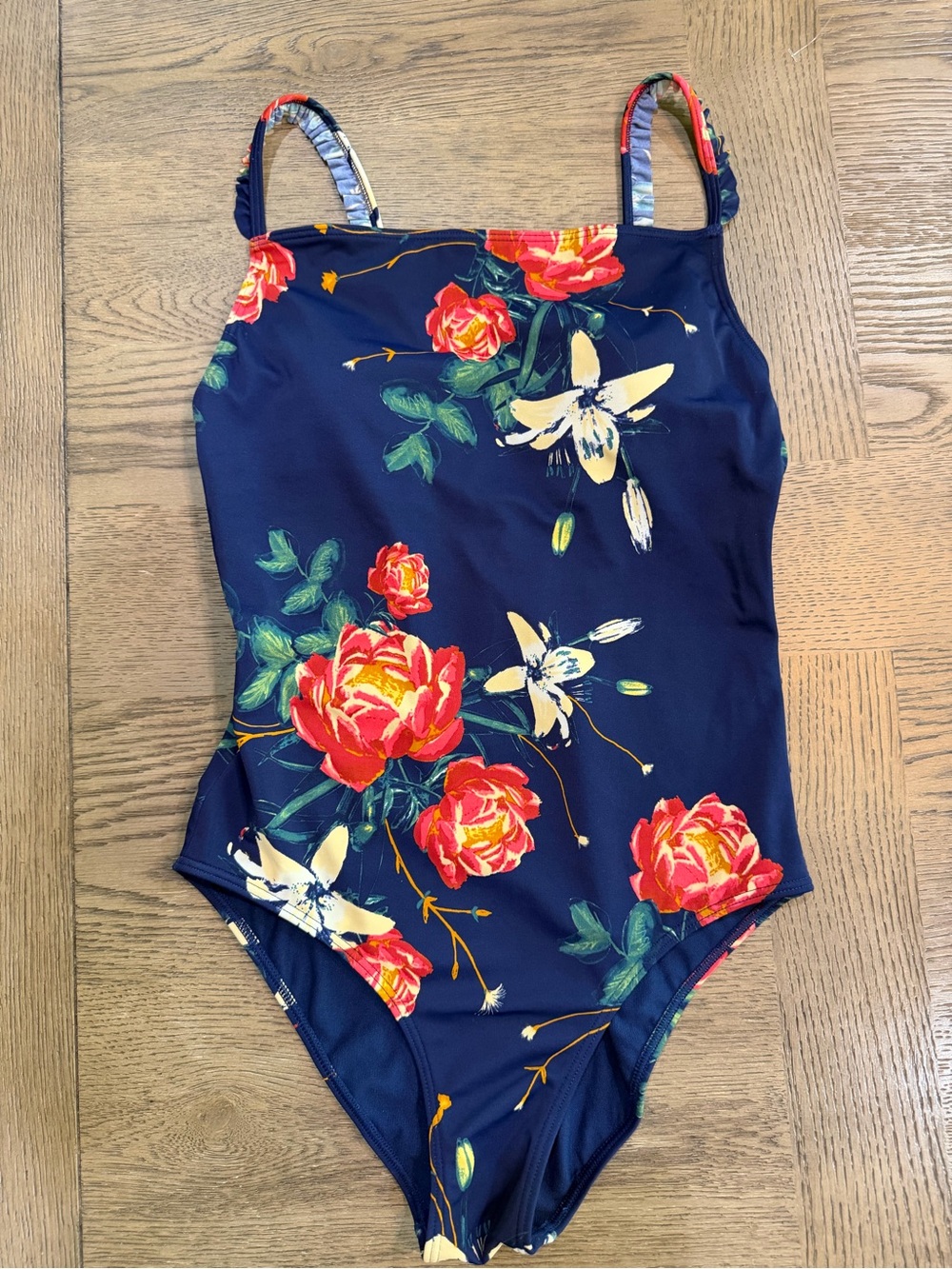 NEW Roxy Navy One-Piece Swimsuit with Red and Cream Hawaiian Floral Print